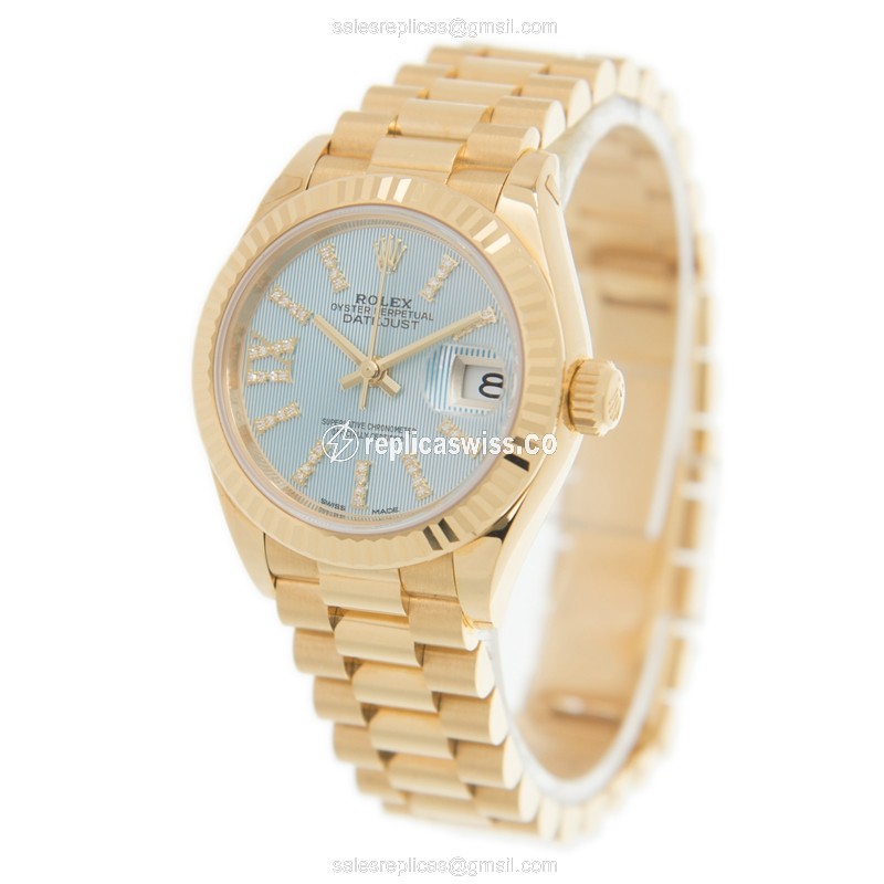 Rolex Lady Datejust Replica - Automatic - 18kt Gold Case - Blue Dial - View 3