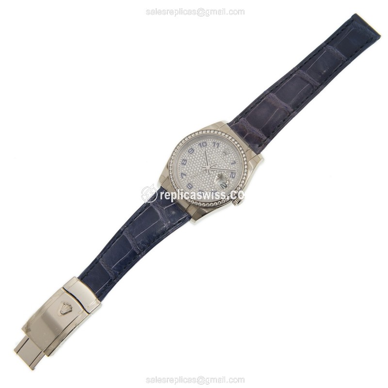 Rolex Lady Datejust Replica - White Gold - Diamond - Automatic - Alligator Purple - View 2
