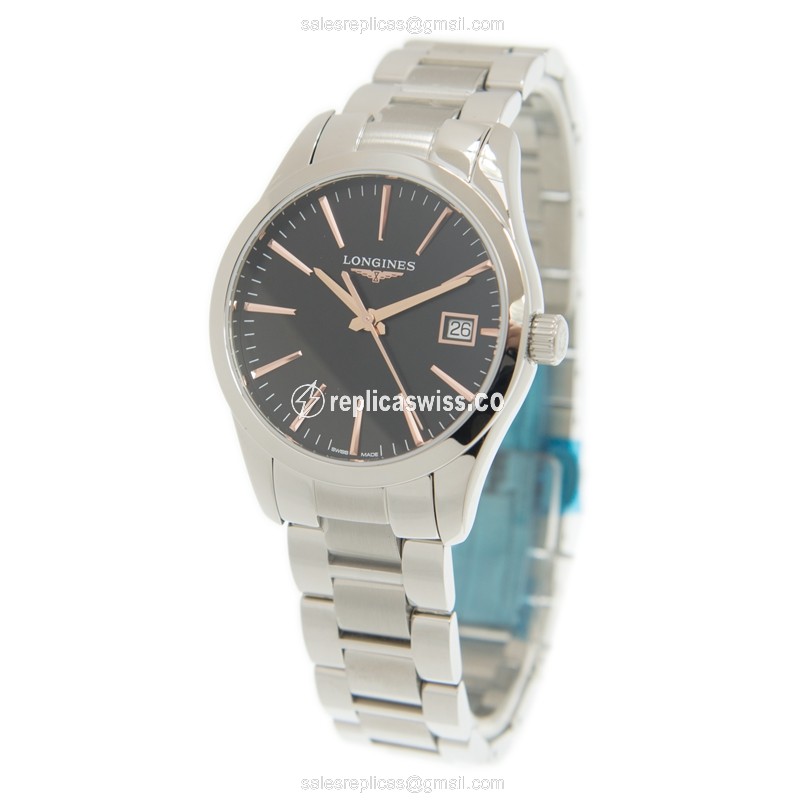 Longines CONQUEST Classic Quartz - Steel Case, Black Dial, Silver Steel Strap - View 3