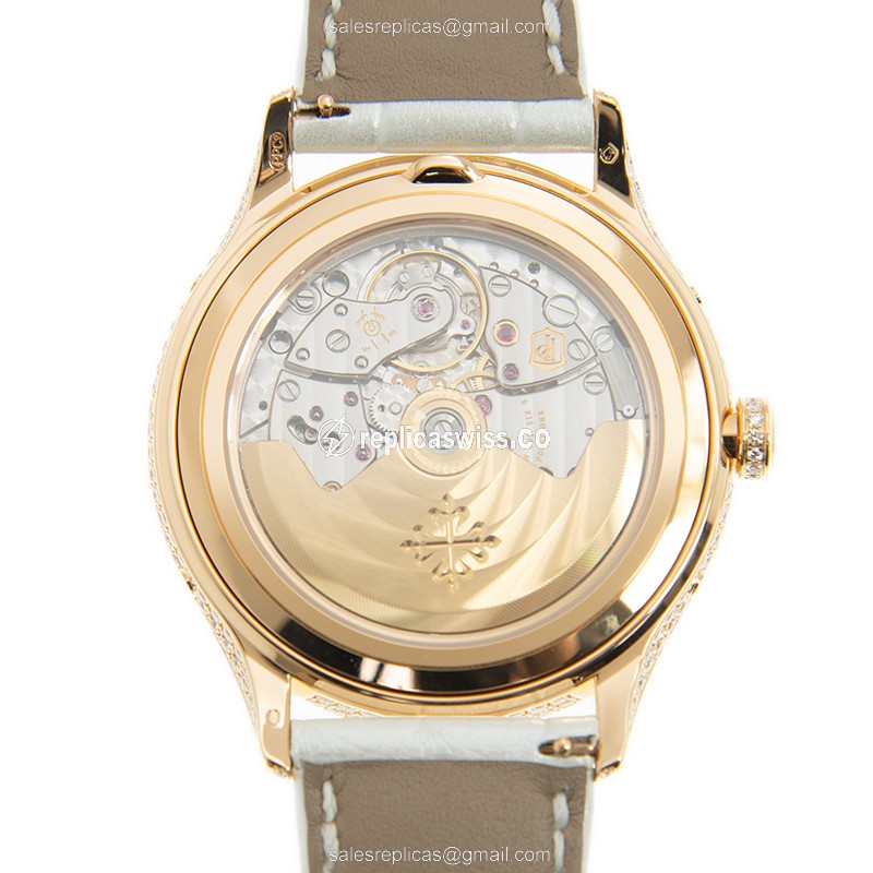 Patek Philippe 4948R-001 Replica - Automatic - 18kt Rose Gold - Diamond Case - White Dial & Alligator Strap - View 3