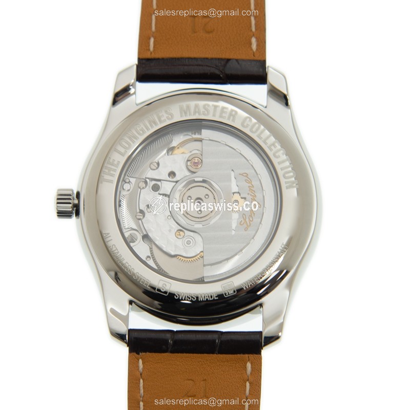 Longines L2.909.4.77.3 Replica - Automatic - Stainless Steel - White Dial - Brown Leather Strap - View 3