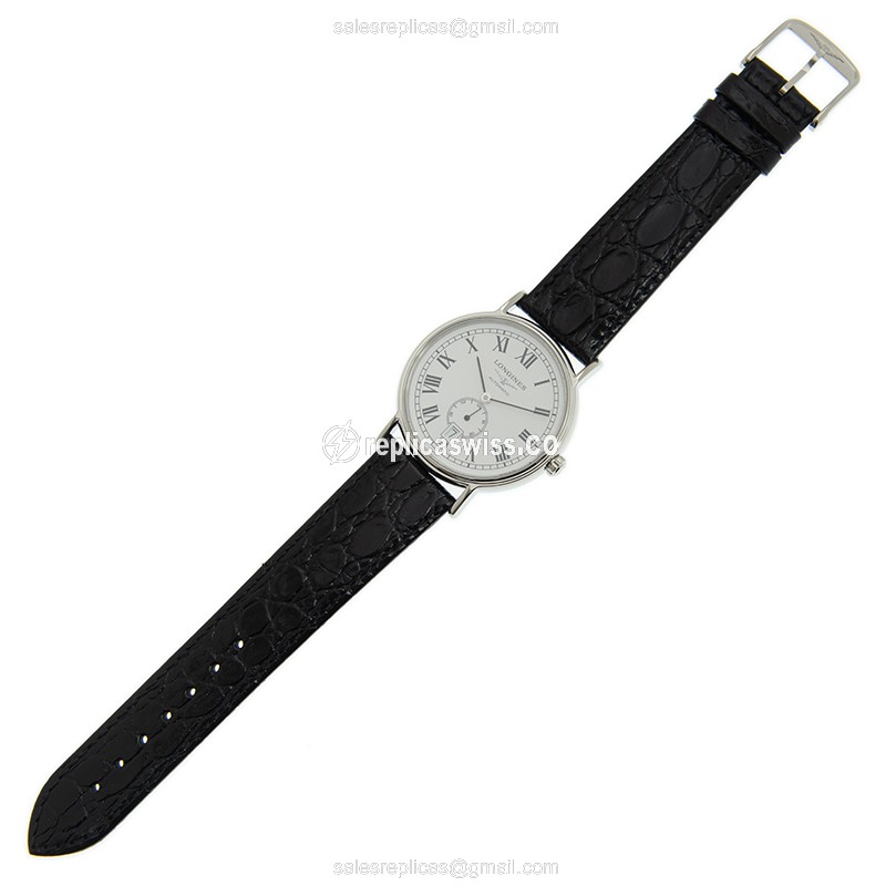 Longines Presence Replica - Automatic - Steel Case, White Dial on Black Leather Strap - View 2