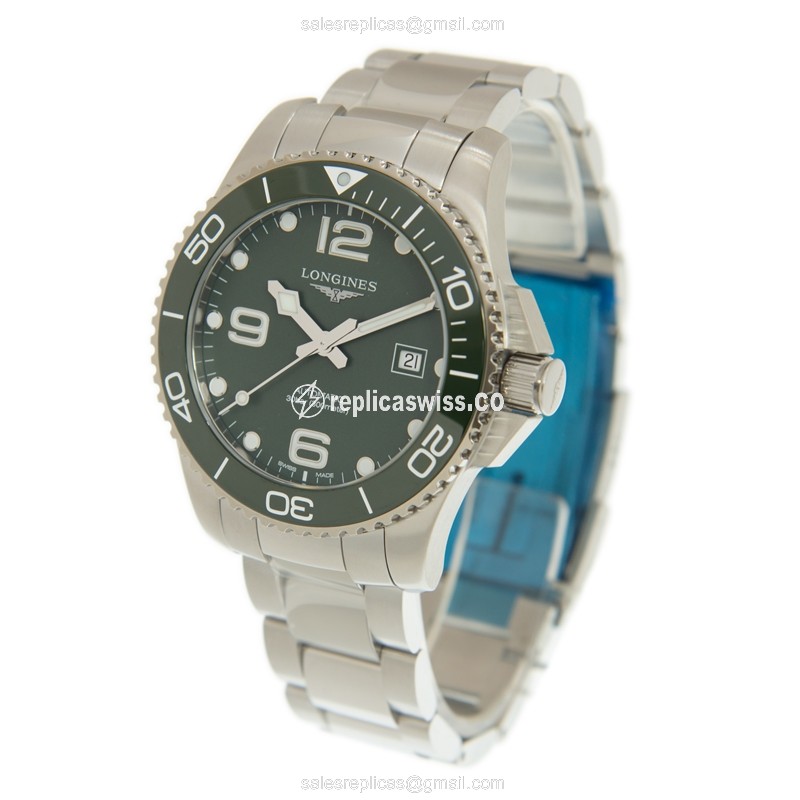 Longines CONQUEST Replica - Automatic - Ceramic - Green Dial - Steel Clasp & Silver Strap - View 3