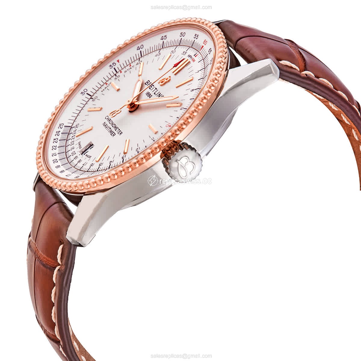 Breitling Replica NAVITIMER 1 - Automatic 18kt Rose/Steel - Silver Dial - Brown Alligator Strap - View 2