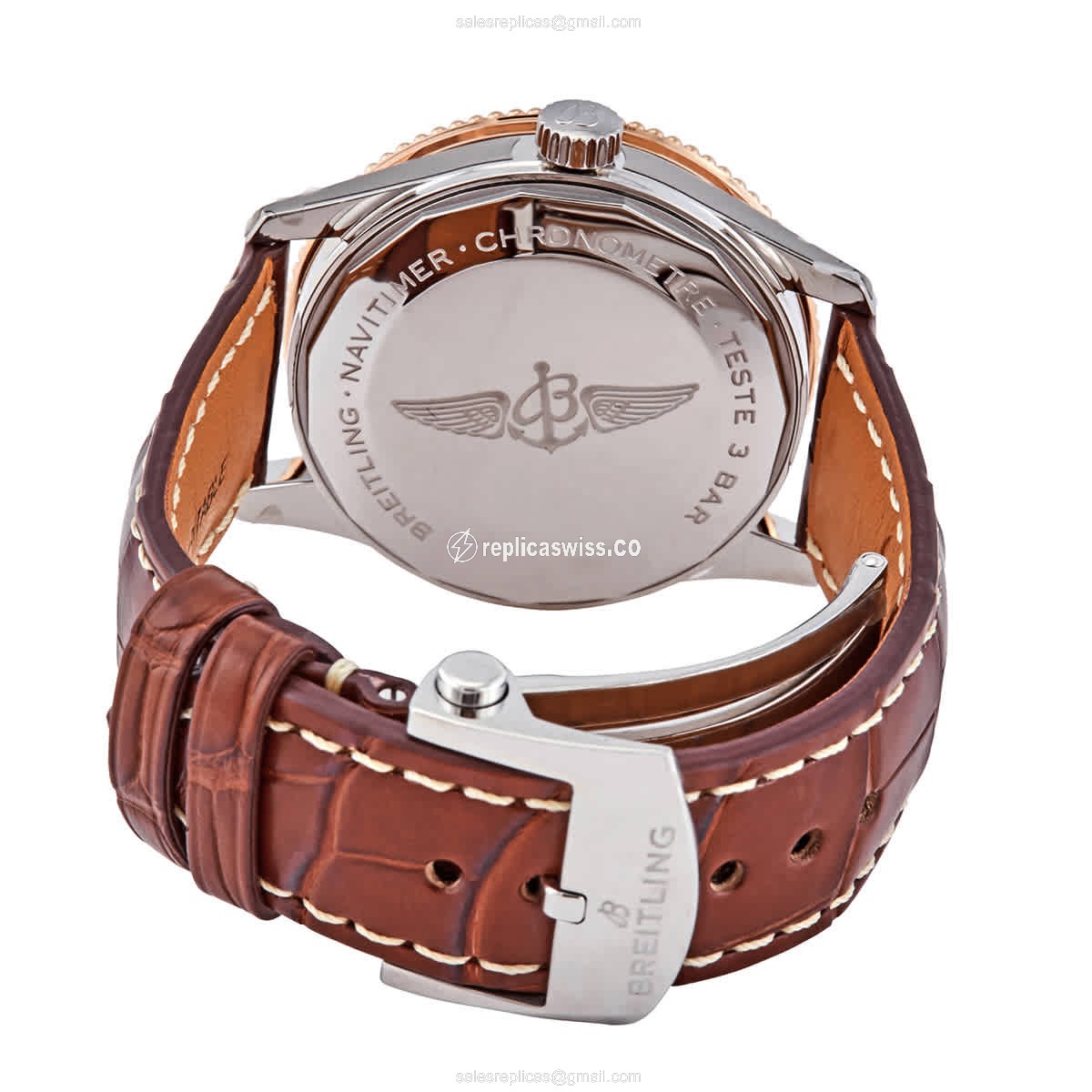 Breitling Replica NAVITIMER 1 - Automatic 18kt Rose/Steel - Silver Dial - Brown Alligator Strap - View 3