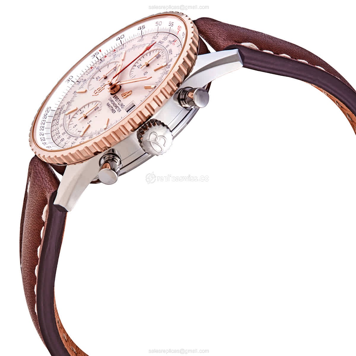 Breitling NAVITIMER 1 Replica - Automatic - Rose Gold & Steel - Silver Dial - Brown Leather Strap - Buckle Clasp - View 2