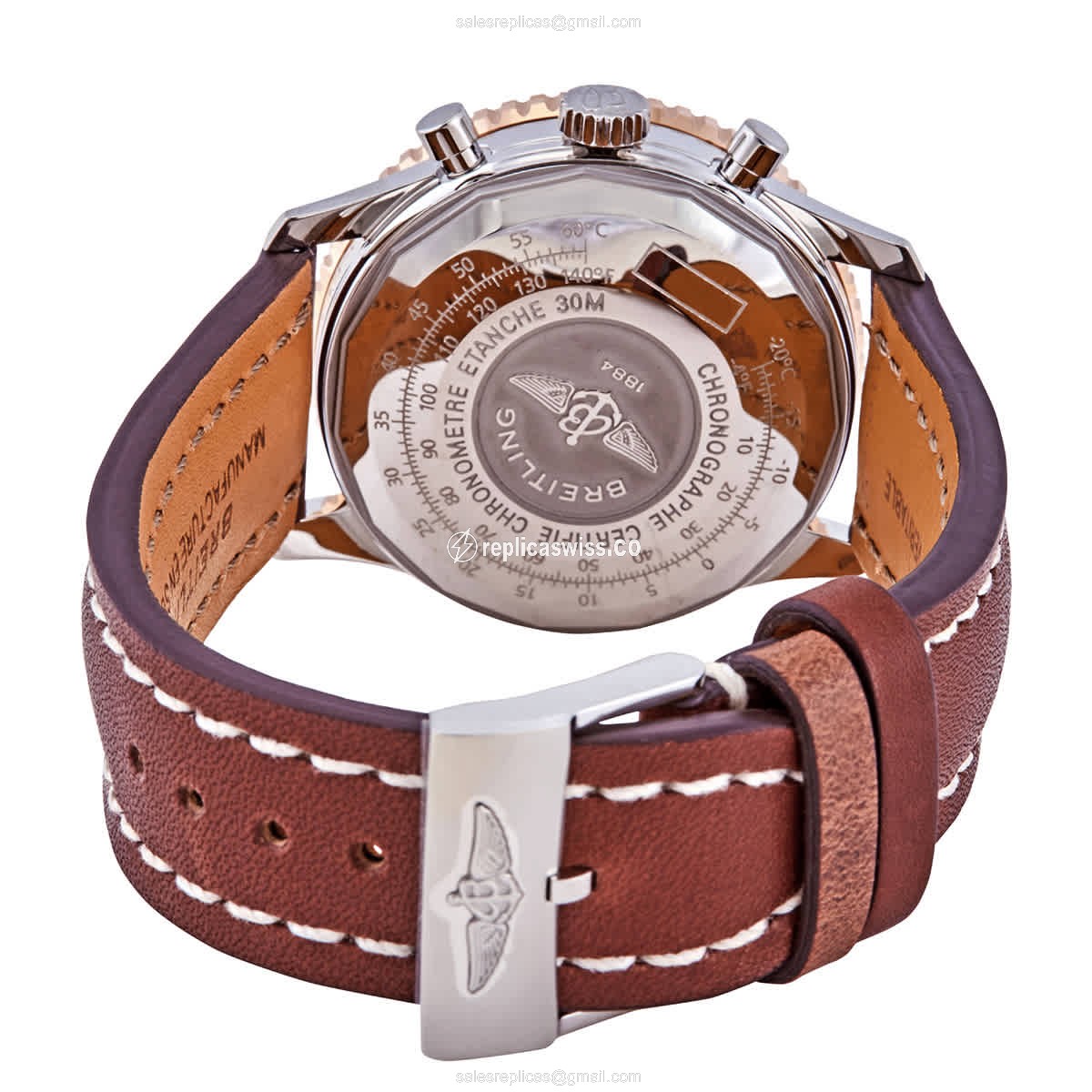 Breitling NAVITIMER 1 Replica - Automatic - Rose Gold & Steel - Silver Dial - Brown Leather Strap - Buckle Clasp - View 3