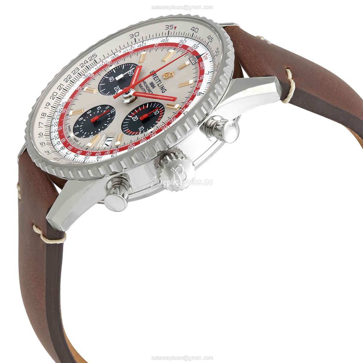 Breitling NAVITIMER 1 Replica - Automatic - Steel Case - Silver Dial - Brown Leather Strap - View 2