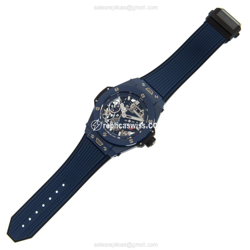 Hublot BIG BANG Replica - Manual - Ceramic - Blue Dial - Rubber Blue Strap - View 2