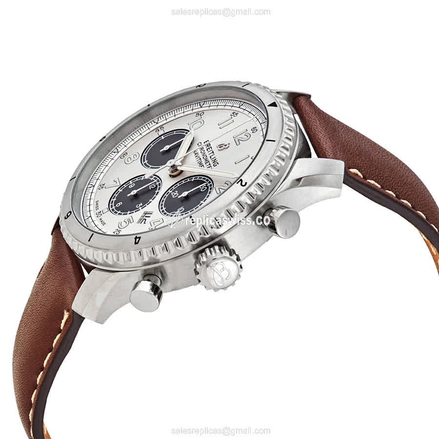 Breitling Aviator 8 Replica - Automatic - Stainless Steel - Silver Dial - Brown Cowhide Strap - View 2