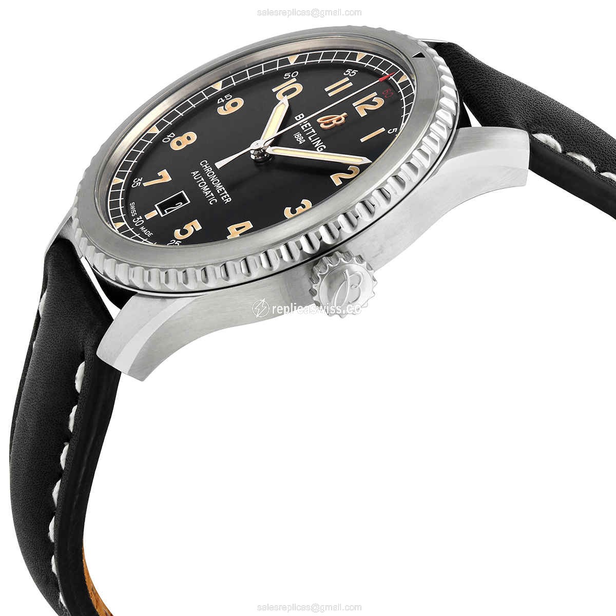 Breitling AVIATOR 8 Replica - Automatic - Black Dial - Steel Case - Black Cowhide Strap - View 2
