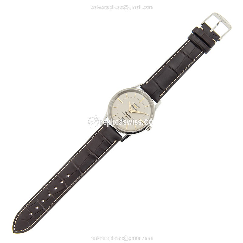 Longines Heritage Replica - Automatic - Stainless Steel - Silver Dial, Brown Alligator Strap - View 2