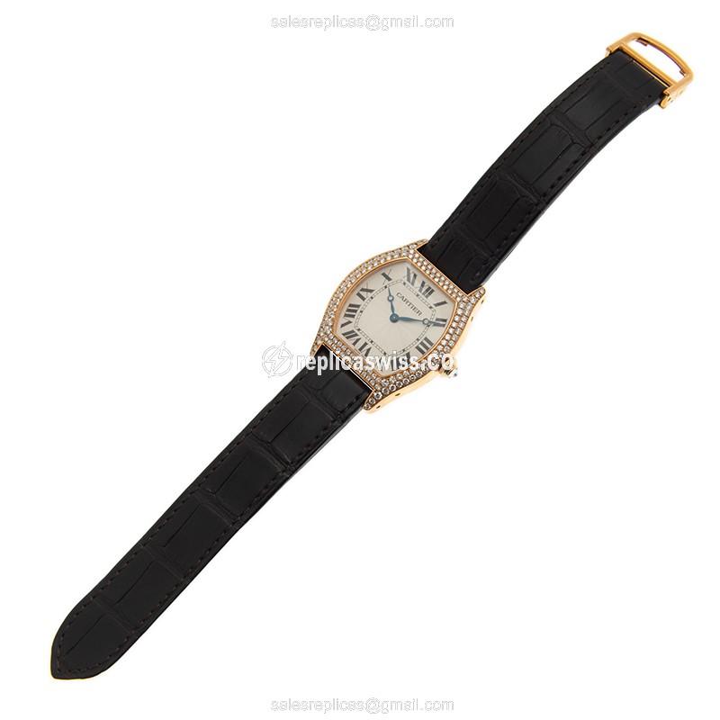 Cartier Tortue Replica - Manual - 18kt Rose Gold - Diamonds - White Dial - Black Alligator Strap - View 2