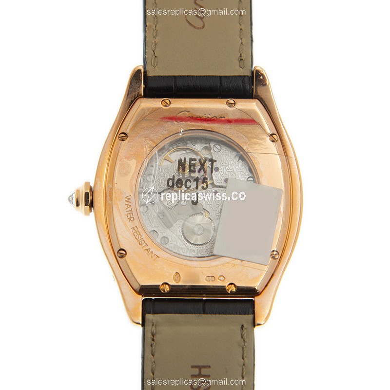 Cartier Tortue Replica - Manual - 18kt Rose Gold - Diamonds - White Dial - Black Alligator Strap - View 3
