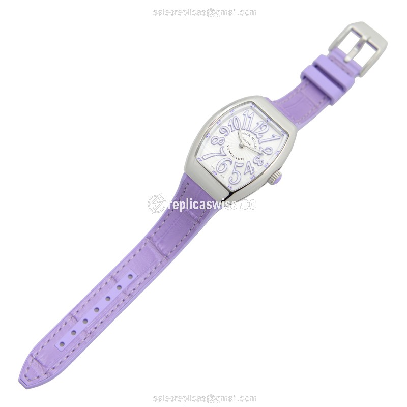 Franck Muller V32 QZ Quartz - Silver Dial - Steel Case - Purple Leather Strap - View 2