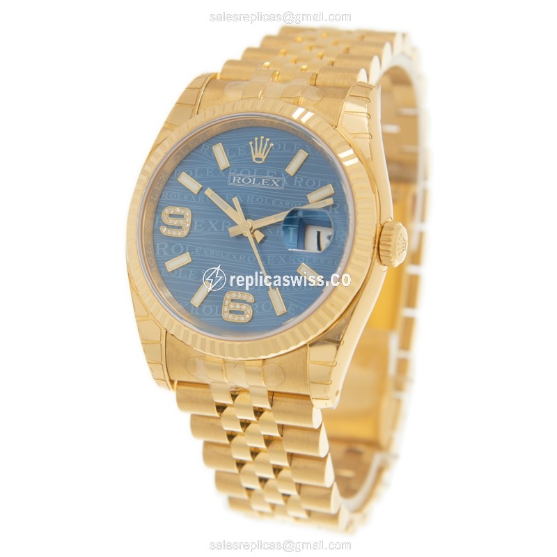 Rolex Datejust Replica - 18kt Yellow Gold - Automatic - Blue Dial - Gold Strap - View 3