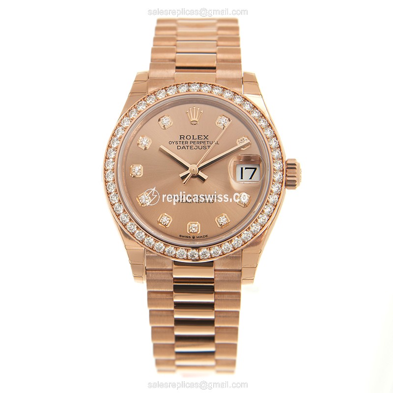 Rolex DATEJUST Replica - Automatic - 18kt Rose Gold - Diamonds - Brown Dial - View 2