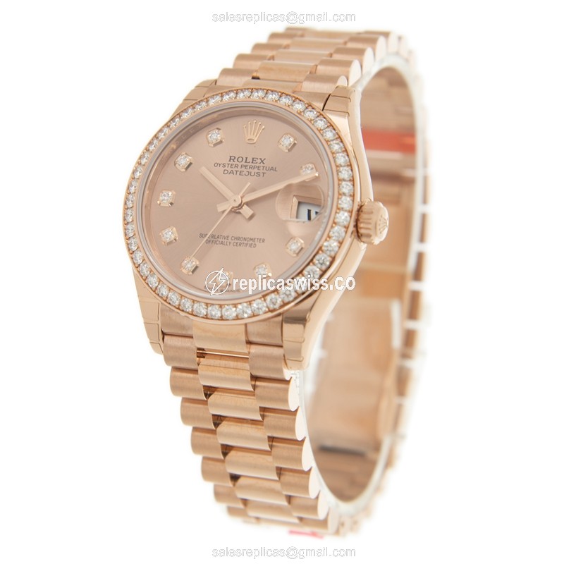 Rolex DATEJUST Replica - Automatic - 18kt Rose Gold - Diamonds - Brown Dial - View 3