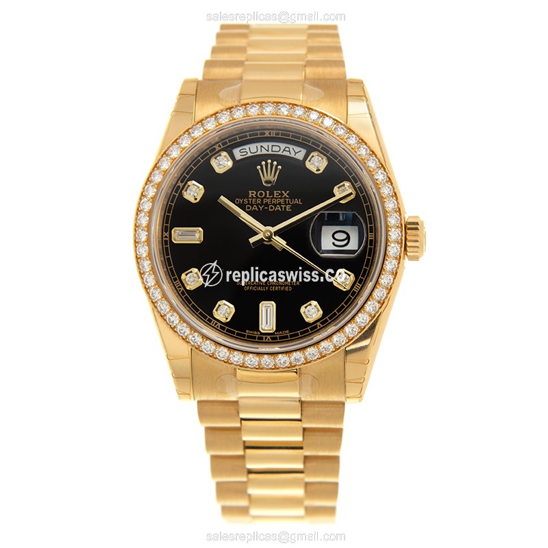 Rolex DAY-DATE Replica: Automatic - 18kt Gold - Diamond Case, Black - Gold Clasp & Strap - View 2