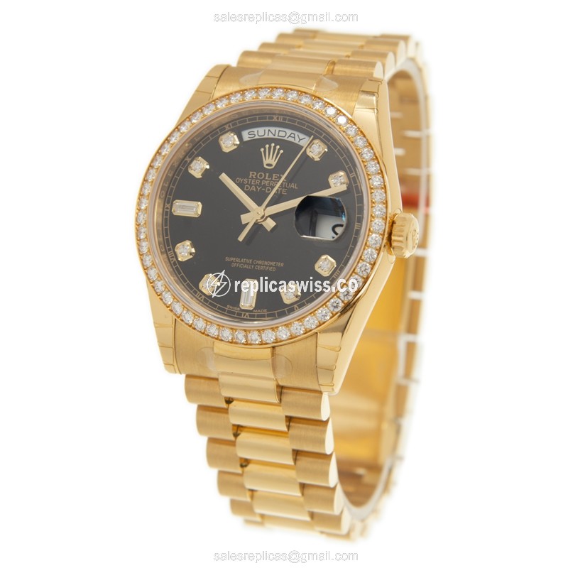Rolex DAY-DATE Replica: Automatic - 18kt Gold - Diamond Case, Black - Gold Clasp & Strap - View 3