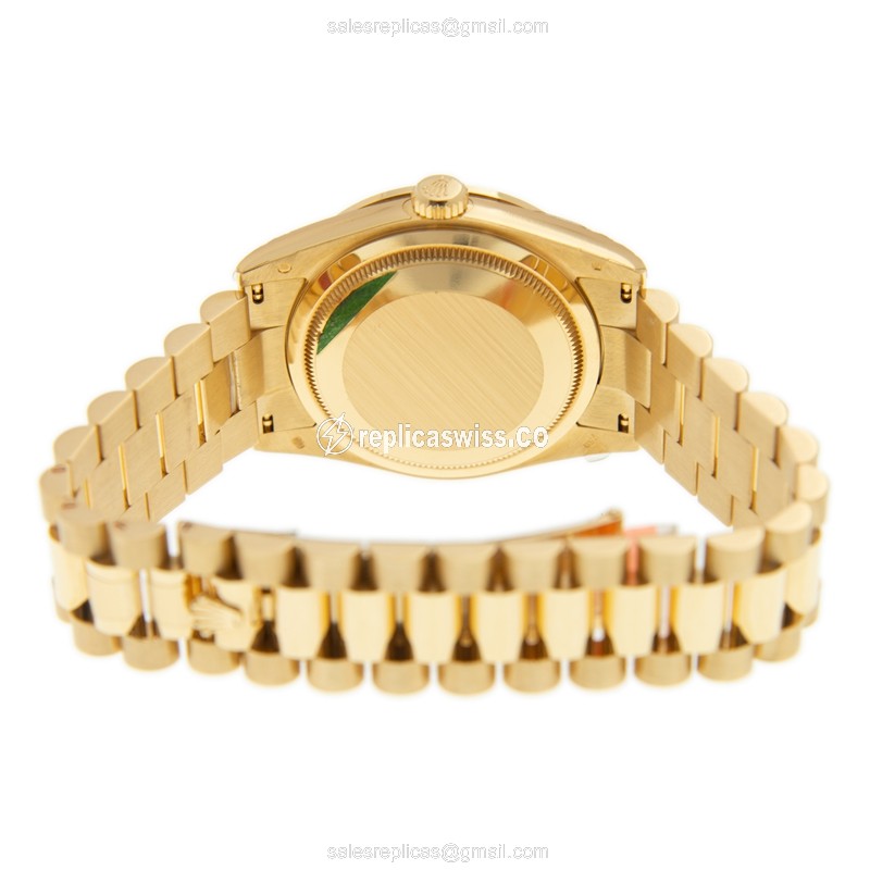 Rolex DAY-DATE Replica: Automatic - 18kt Gold - Diamond Case, Black - Gold Clasp & Strap - View 4