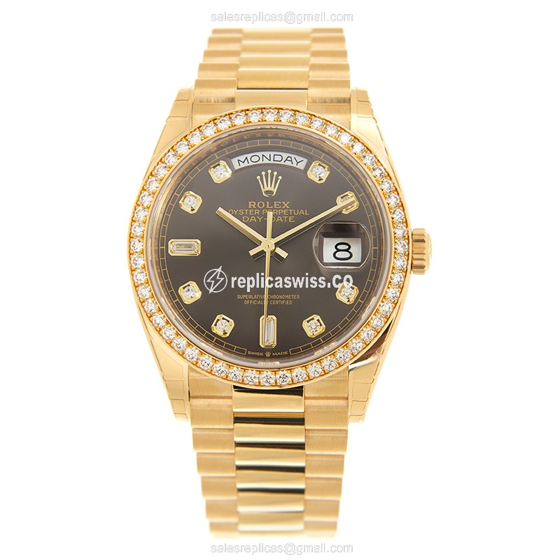 Rolex DAY-DATE Replica - 18kt Gold & Diamond - Automatic, Dark Grey Dial - View 2