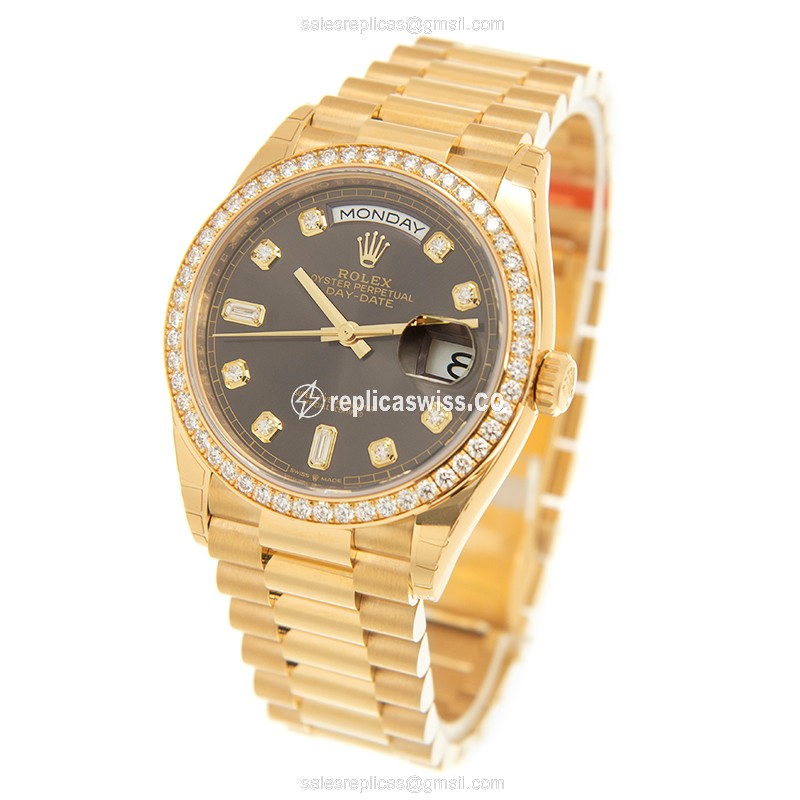 Rolex DAY-DATE Replica - 18kt Gold & Diamond - Automatic, Dark Grey Dial - View 3