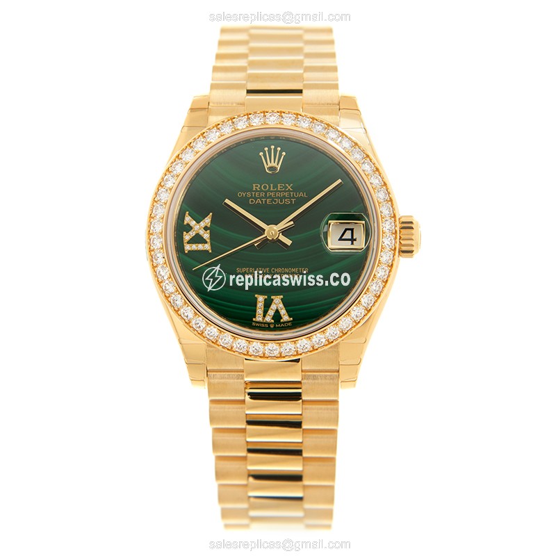 Rolex Datejust Replica - Automatic - 18kt Gold Case - Green Dial - Gold Clasp & Strap - View 2