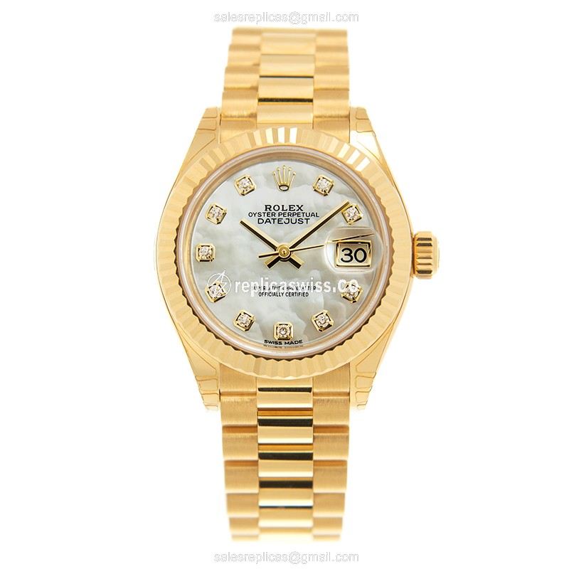 Rolex Datejust Lady Replica - Automatic - White Dial - 18kt Yellow Gold Case, Gold Clasp & Strap - View 2