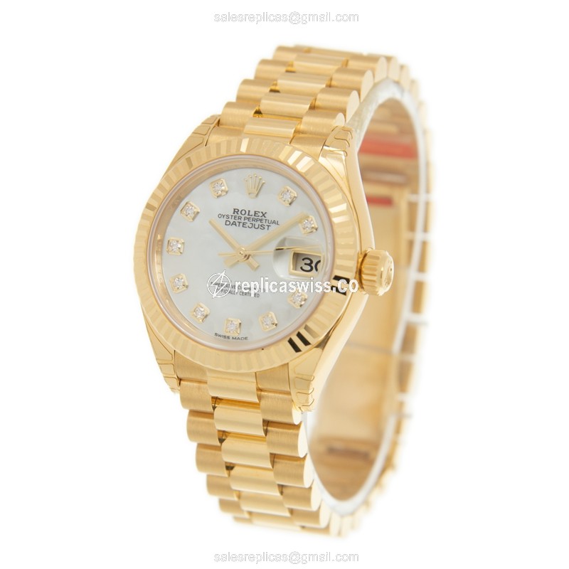 Rolex Datejust Lady Replica - Automatic - White Dial - 18kt Yellow Gold Case, Gold Clasp & Strap - View 3