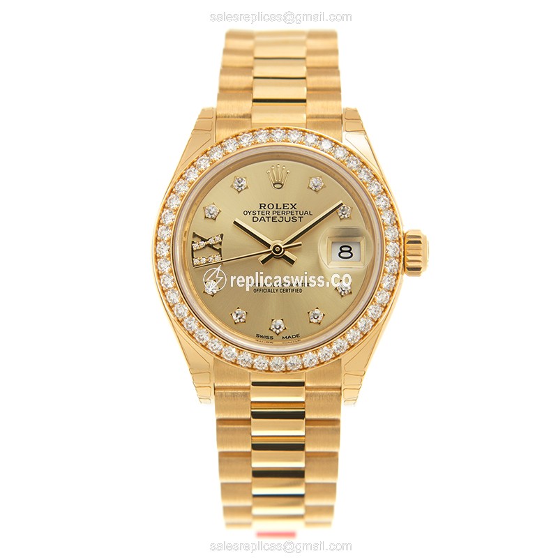 Rolex Lady Datejust Replica - Automatic - 18kt Gold - Diamond - Gold Dial - Gold Strap - View 2