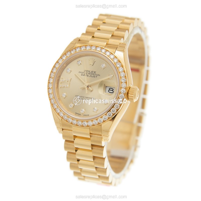 Rolex Lady Datejust Replica - Automatic - 18kt Gold - Diamond - Gold Dial - Gold Strap - View 3