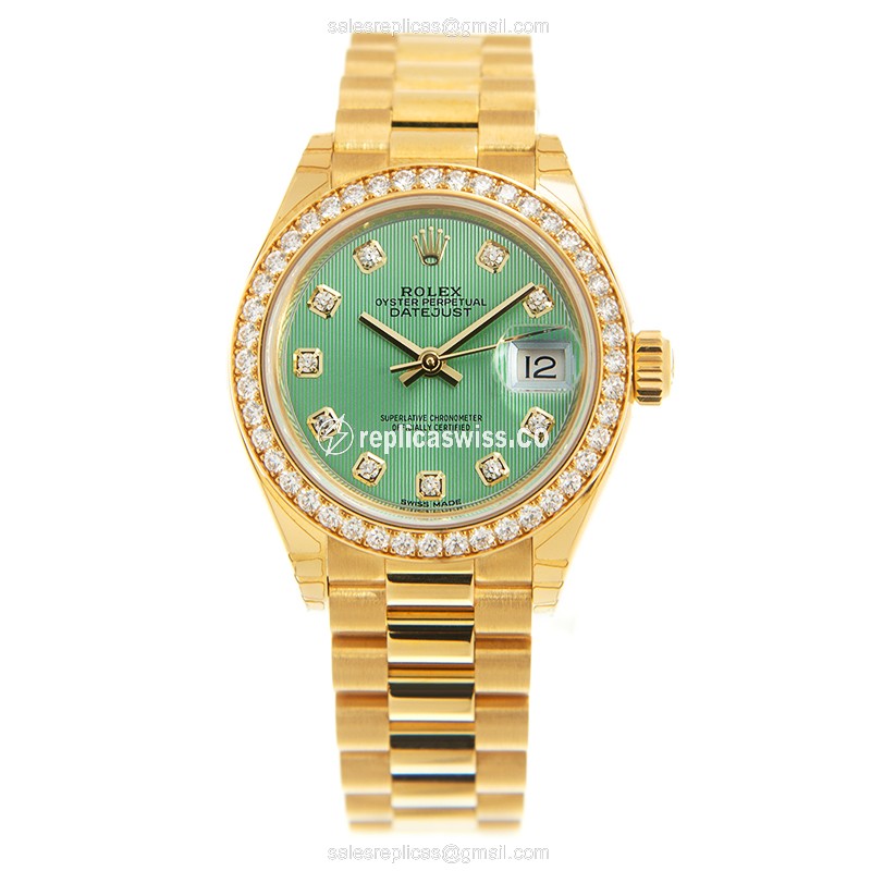 Rolex Lady Datejust Replica - Automatic - 18kt Gold Case, Green Dial, Diamond Clasp - View 2