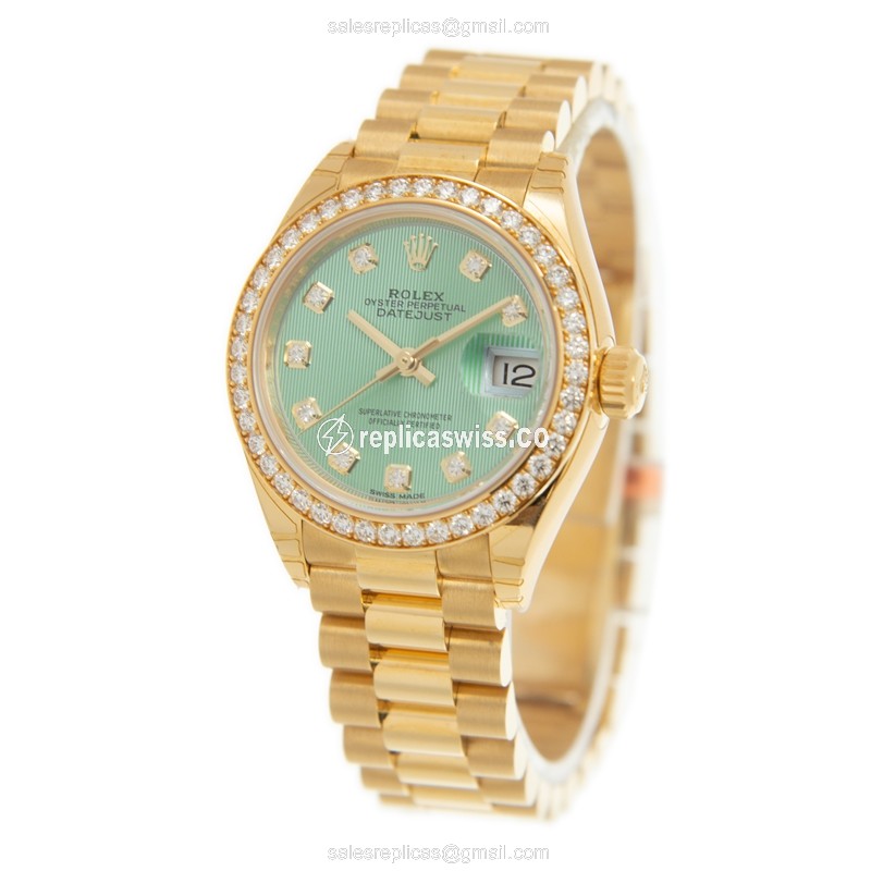Rolex Lady Datejust Replica - Automatic - 18kt Gold Case, Green Dial, Diamond Clasp - View 3