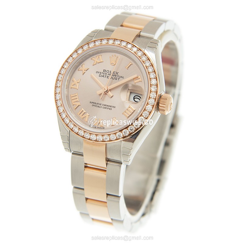 Rolex Lady Datejust Replica - Automatic - 18kt Rose Gold Case, Pink Dial, Diamond Clasp - View 3