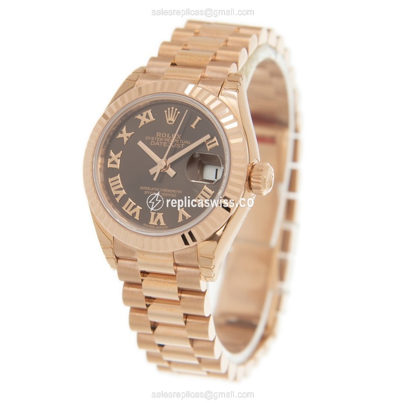 Rolex Datejust Replica - Automatic - 18kt Rose Gold - Brown Dial, Gold Clasp & Strap - View 3