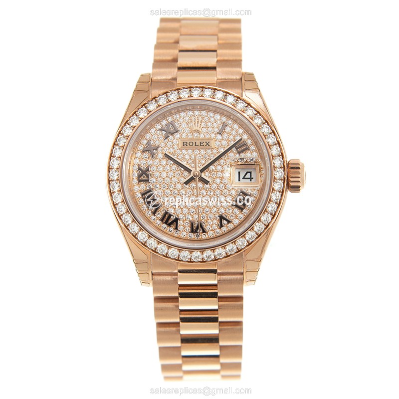 Rolex Datejust Replica - Automatic - 18kt Rose Gold Case - Diamond Bezel - Gold Dial - View 2
