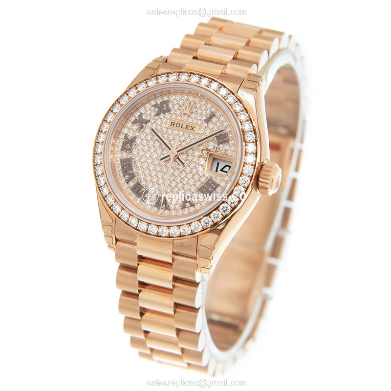 Rolex Datejust Replica - Automatic - 18kt Rose Gold Case - Diamond Bezel - Gold Dial - View 3