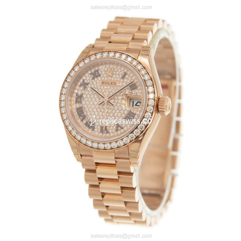 Rolex Datejust Replica - Automatic - 18kt Rose Gold Case - Diamond Bezel - Gold Dial - View 4