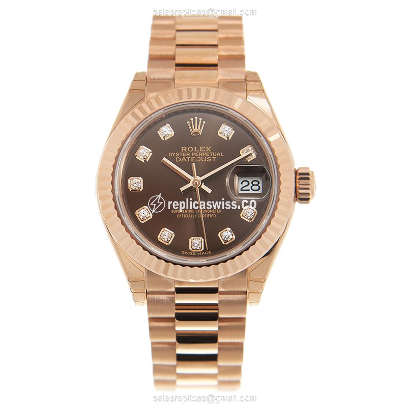 Rolex DATEJUST Replica - Automatic - 18kt Rose Gold - Brown Dial - Gold Strap - View 2