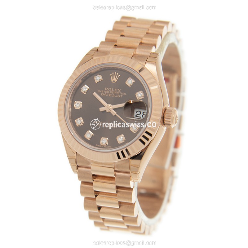 Rolex DATEJUST Replica - Automatic - 18kt Rose Gold - Brown Dial - Gold Strap - View 3