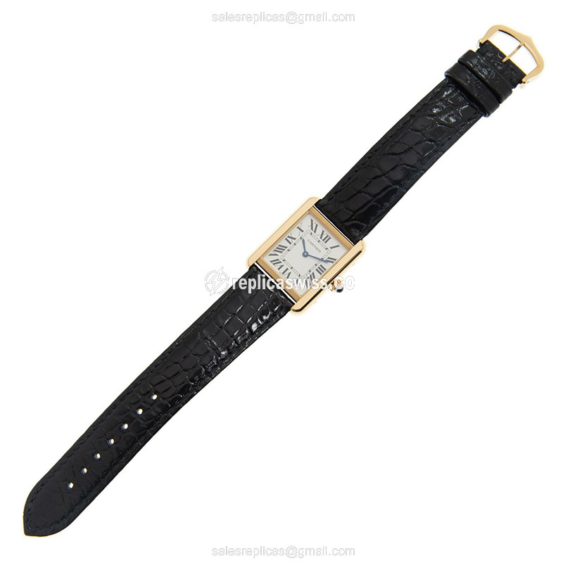 Cartier TANK Replica - Quartz - 18kt Yellow Gold - White Dial - Black Alligator Buckle - View 2
