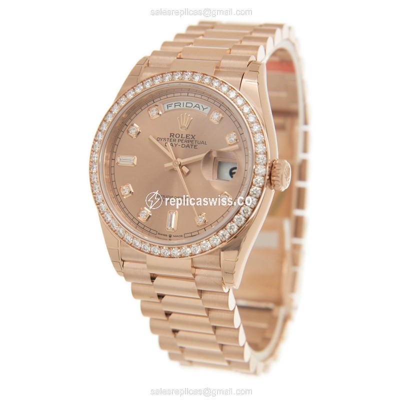 Rolex DAY-DATE Replica - 18kt Rose Gold - Automatic - Pink Dial - Diamond Clasp - View 2