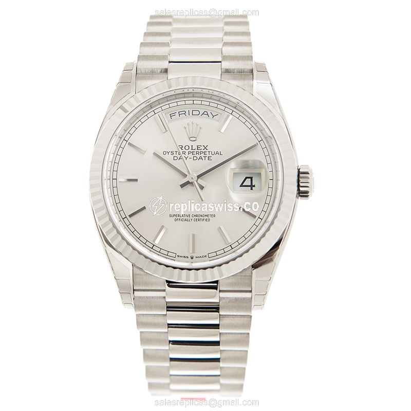 Rolex DAY-DATE Replica - Automatic - 18kt White Gold - Silver Dial, Clasp & Strap - View 2