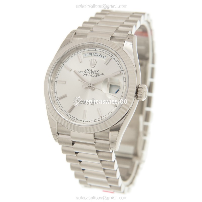 Rolex DAY-DATE Replica - Automatic - 18kt White Gold - Silver Dial, Clasp & Strap - View 3
