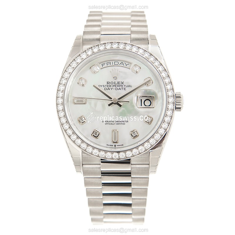 Rolex Day-Date Replica - Automatic - 18kt White Gold - Diamond Dial - Silver Clasp - View 2