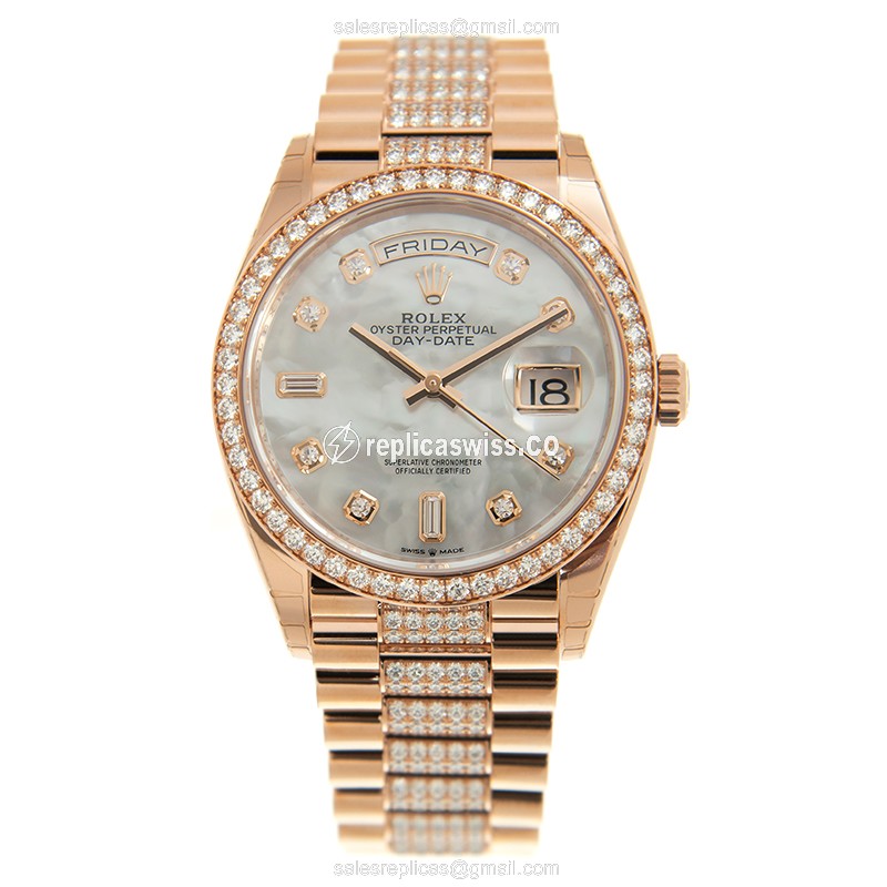 Rolex DAY-DATE Replica - Automatic - 18kt Rose Gold Case - White Dial on Gold Diamond Strap - View 2