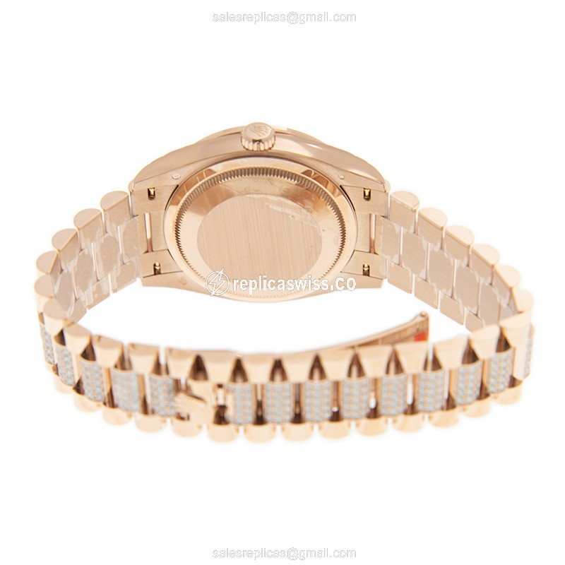 Rolex DAY-DATE Replica - Automatic - 18kt Rose Gold Case - White Dial on Gold Diamond Strap - View 4