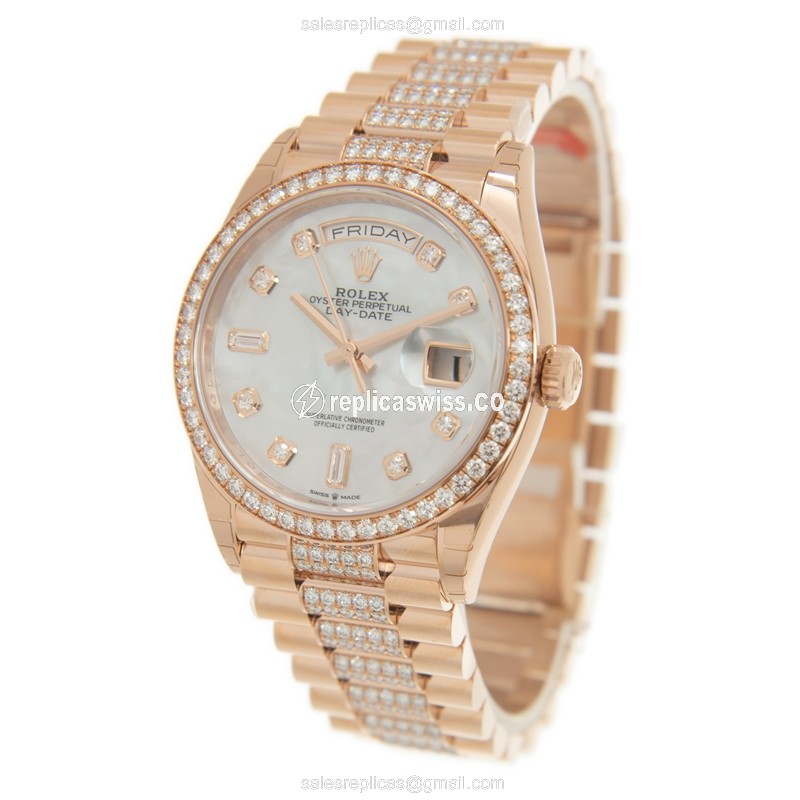 Rolex DAY-DATE Replica - Automatic - 18kt Rose Gold Case - White Dial on Gold Diamond Strap - View 3