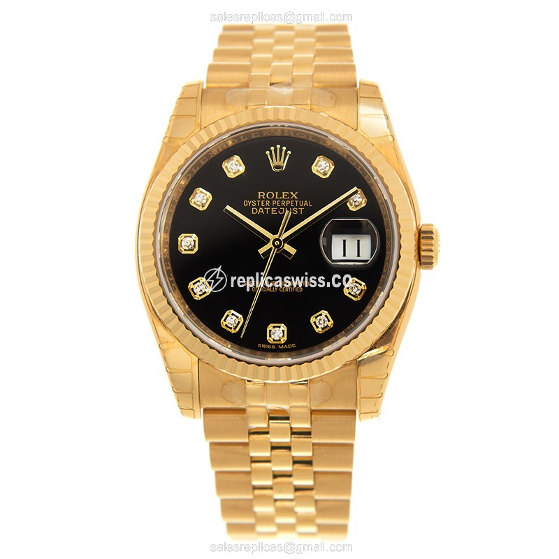 Rolex Datejust Replica - Automatic - 18kt Gold - Black Dial, Gold Clasp - View 2
